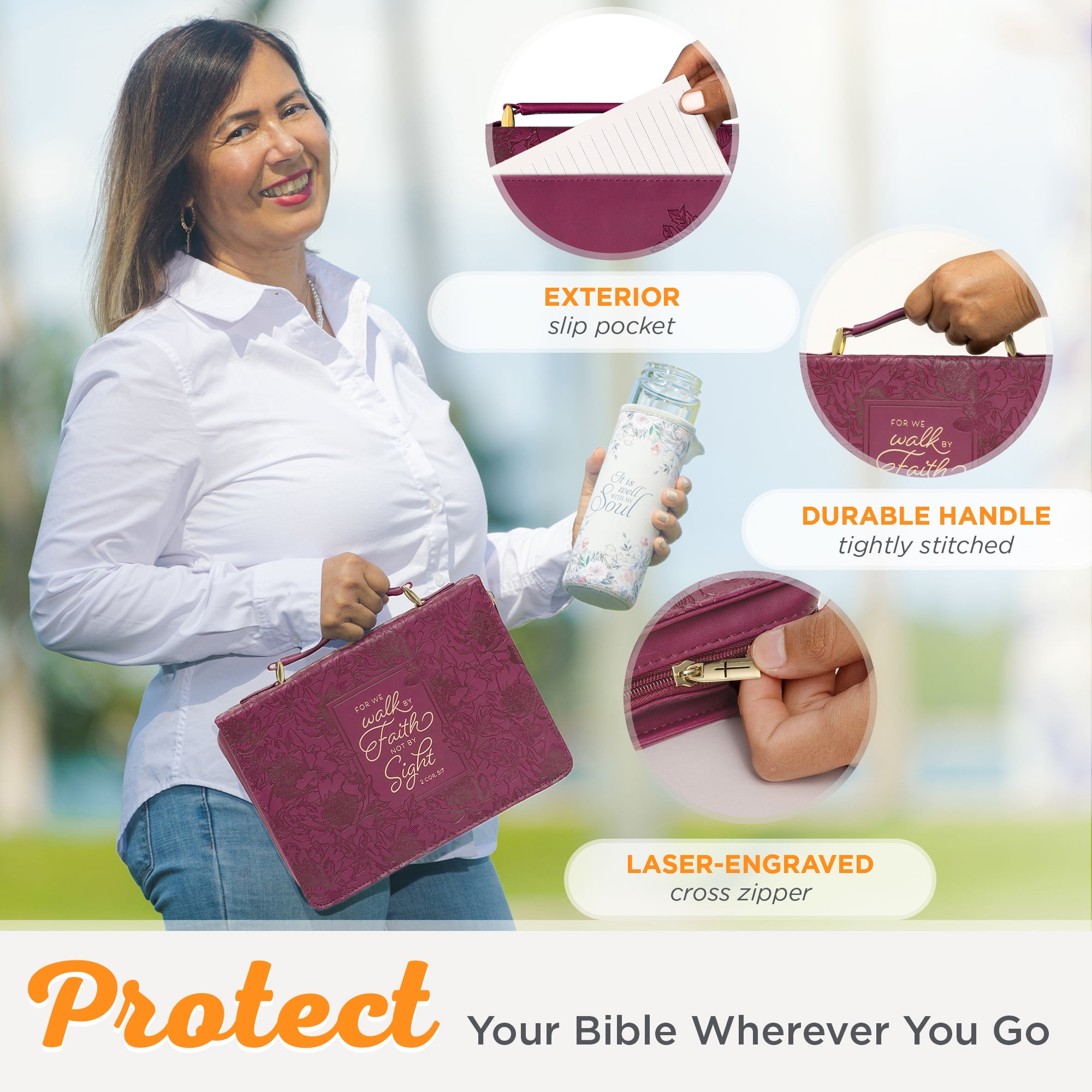 Christian Art Gifts Protective Maroon Floral Faux Leather Bible Cover Carry Case with Handle for Women: Walk by Faith - 2 Corinthians 5:7 Inspirational Bible Verse Zippered with Pocket, Medium