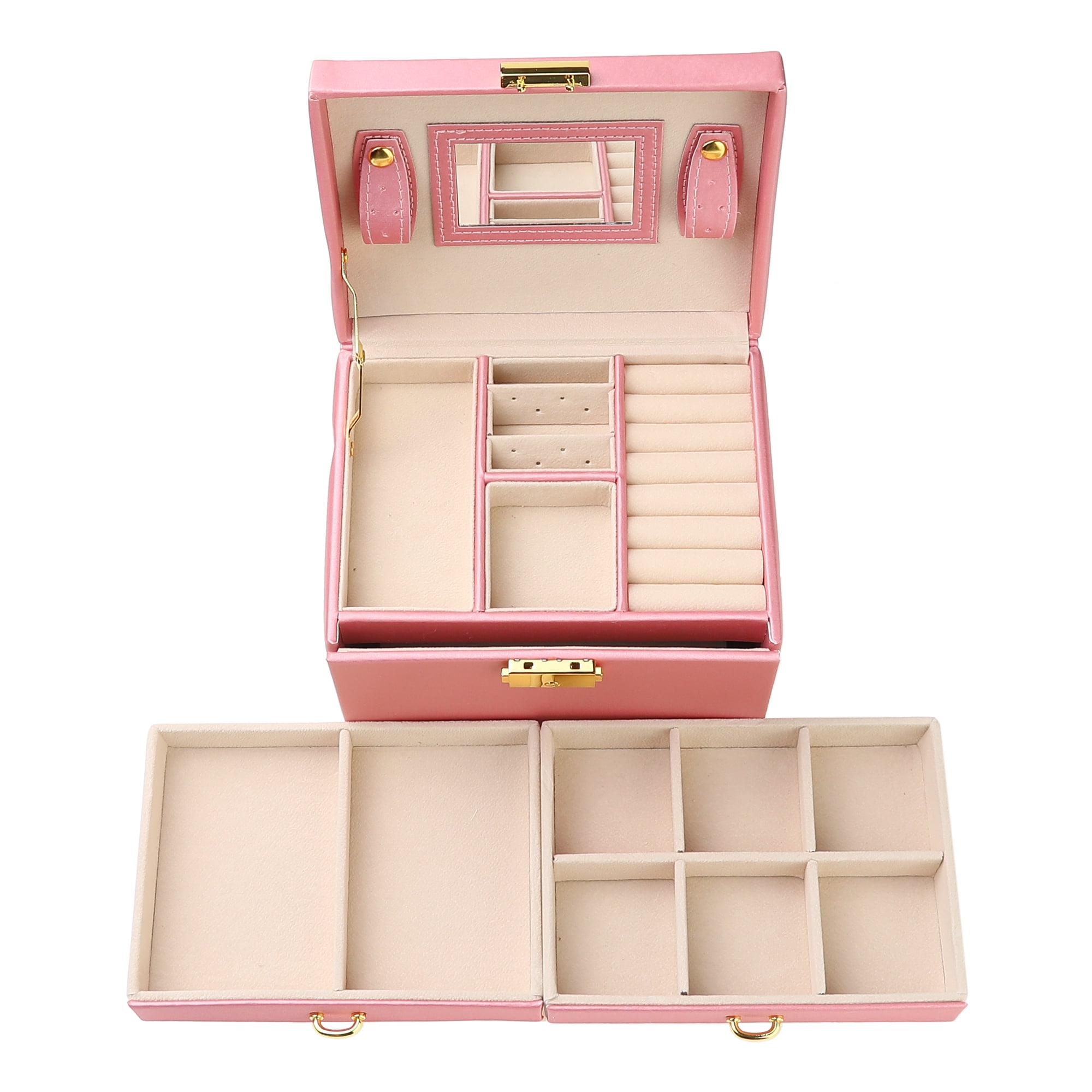 Unique Bargains 3 Layer Jewelry Box with Mirror for Women PU Leather Jewelry Organizer Red