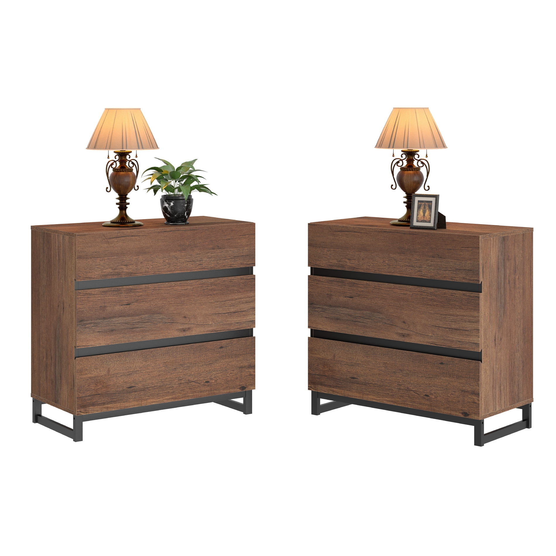 WAMPAT 2-Pack Rustic Wood Nightstand, 3-Drawer Modern Bedside Table with Sturdy Black Square Iron Legs, Multifunctional Storage End Table for Bedroom Living Room, Brown