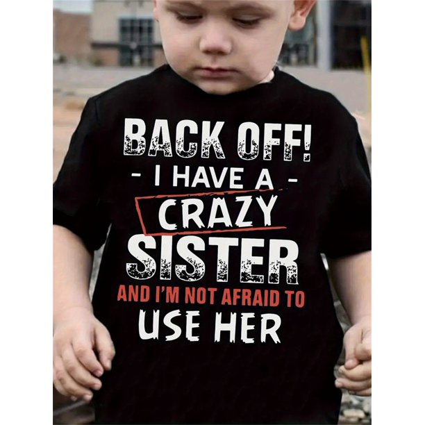 Boys' Super Cool Crazy Sister Personality Letter Print T-shirt Set, Kawaii Casual Fashion Printed Round Neck Top