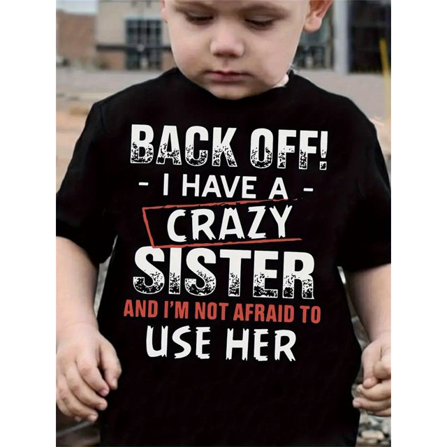 Boys' Super Cool Crazy Sister Personality Letter Print T-shirt Set, Kawaii Casual Fashion Printed Round Neck Top