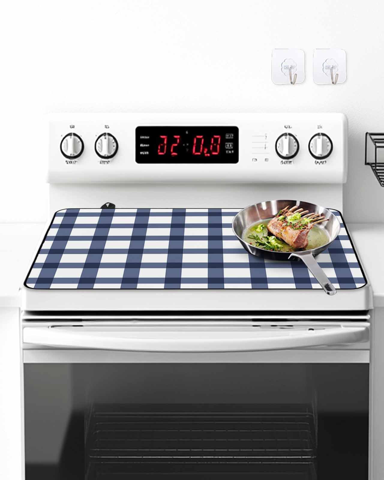 Stove Top Covers for Electric Stove, Navy Blue Plaid Check, Glass Stovetop Cover Protector, Geometrical Abstract Lattice Induction Cooktop Protector Oven Mat for Kitchen Countertop 24"x21"