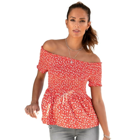 LASCANA Women's Smocked Off Shoulder Blouse Shirt Ruffles
