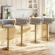 VECELO Velvet Bar Stools Set of 4, Modern Swivel Adjustable Counter Height Kitchen Bar Chairs with Woven Back for Dining Room Pub Island, Light Gray