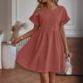thumbnail image 2 of Daiosportswear Robe d'Été pour Femmes Col Rond Manches Courtes Mélange Coton Lin Ample Couleur Unie Poche Mode Jupe Mini, Robe Manches Courtes Rouge P(S), 2 of 7