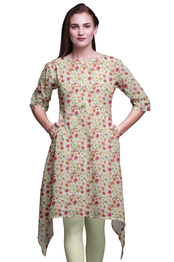 Yellow Leaves & Blooming Camellias Floral Asymmetric Kurta Indian Tunic Tops For Women Printed Indian Clothing X-Large