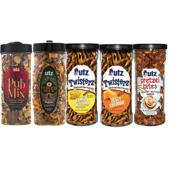 Utz Peanut Butter Pretzel Bites, Poker Mix, Pub Mix & Twisterz Canisters Variety 5-Pack