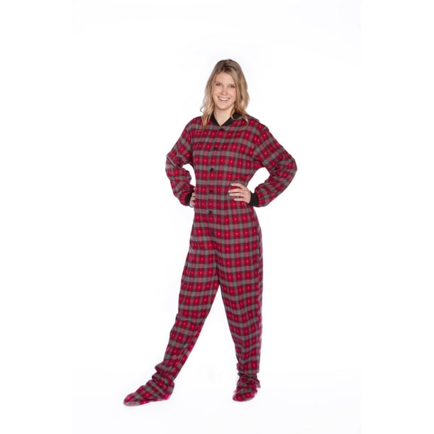 Big Feet Pajama Red And Grey Plaid Flannel W Hearts Adult Footie Footed Pajamas W Drop Seat 7781