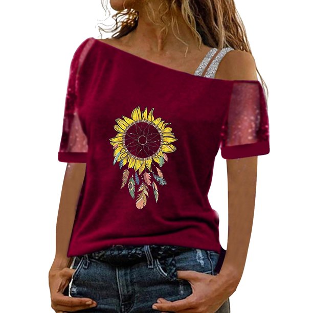 Gibobby Casual Playera de Manga Corta para Mujer Mujeres Impreso Hombro Tops Sexy Glitter Camisa manga corta Blusa Tops(Vino,G)