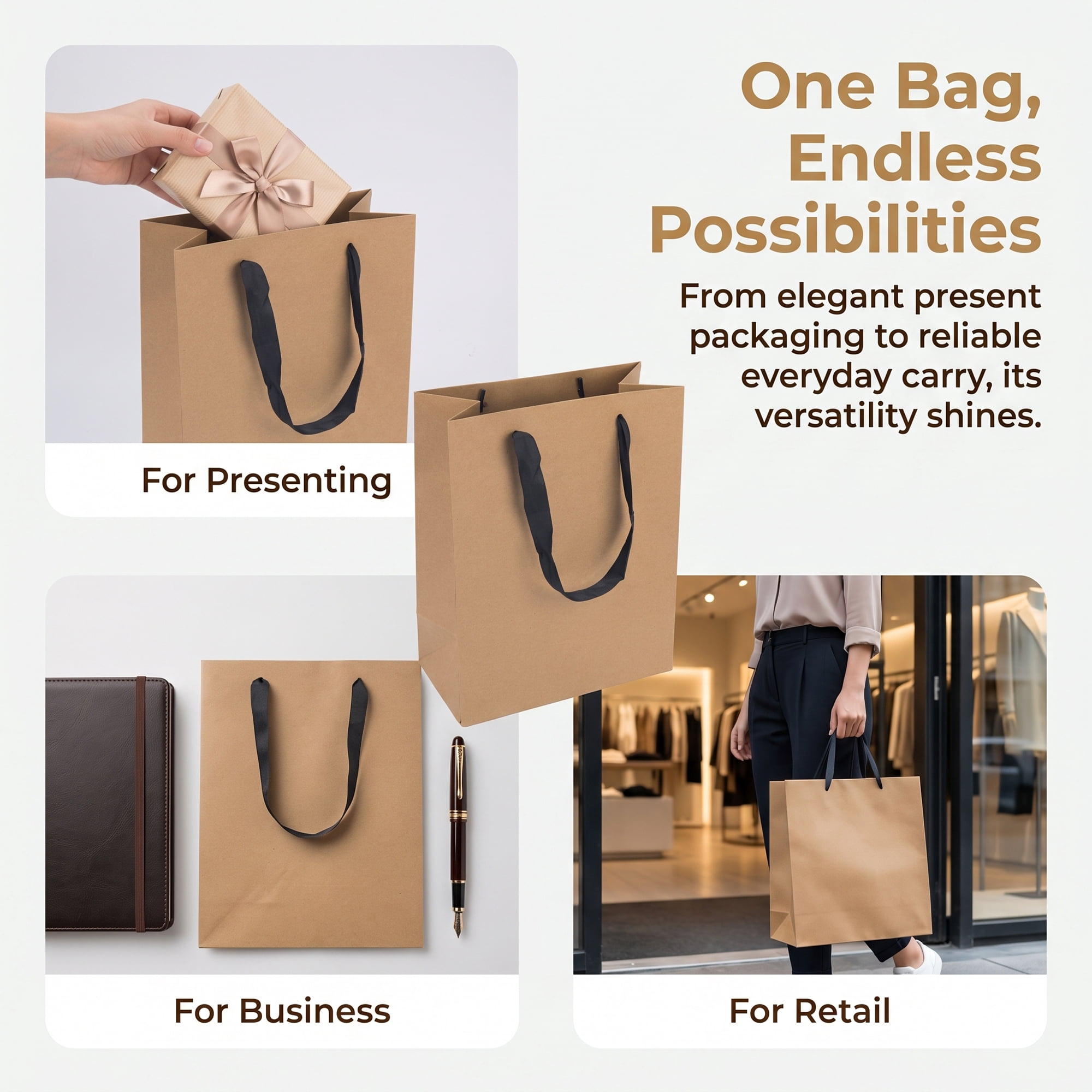 Unique Bargains Sturdy Thick Horizontal Paper Gift Bags Brown 8.3" x 4.3" x 10.6"