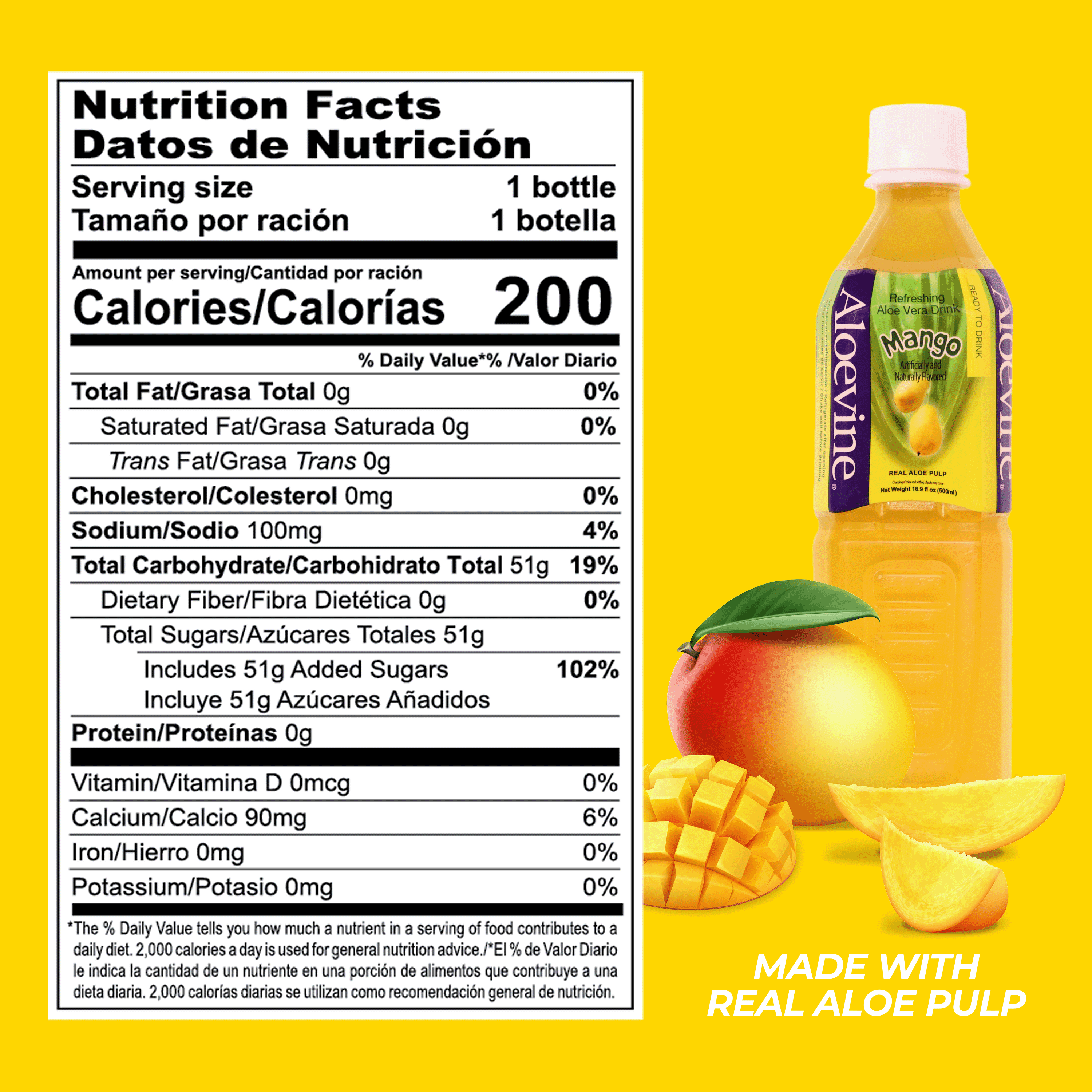Aloevine Mango Aloe Vera Drink with Aloe Pulp, 16.9 fl oz, 10 Count Bottles