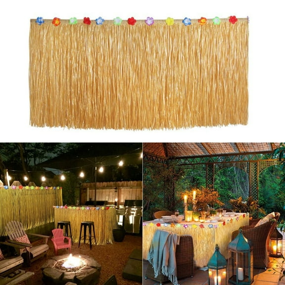 FUDAKUNA 108 x 30 in Tropical Hawaiian Birthday Party Table Skirt Picnic Artificial Grass Flowers Edged Hula