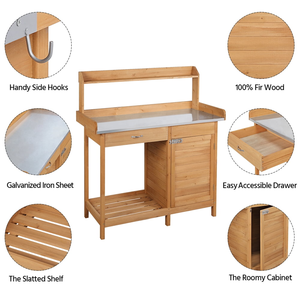 Renwick Outdoor Garden Potting Bench with Cabinet & Open Shelf, Wood