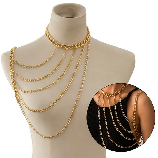 Collar De Cuerpo Cadena Dorada - Pack 2 Unidades, Encaje Y Cristal, Estilo Exagerado, Para Fiestas O Moda