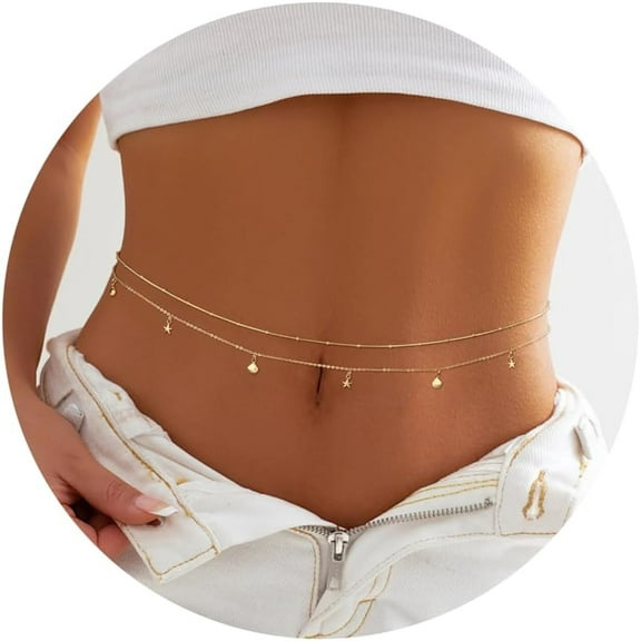 Gold Belly Chains Waist Chains for Women Waterproof Stainless Steel Pearl Beaded Seashell Starfish Body Chain Belly Necklace Bracelet Stomach Jewelry Chain 26"-43"