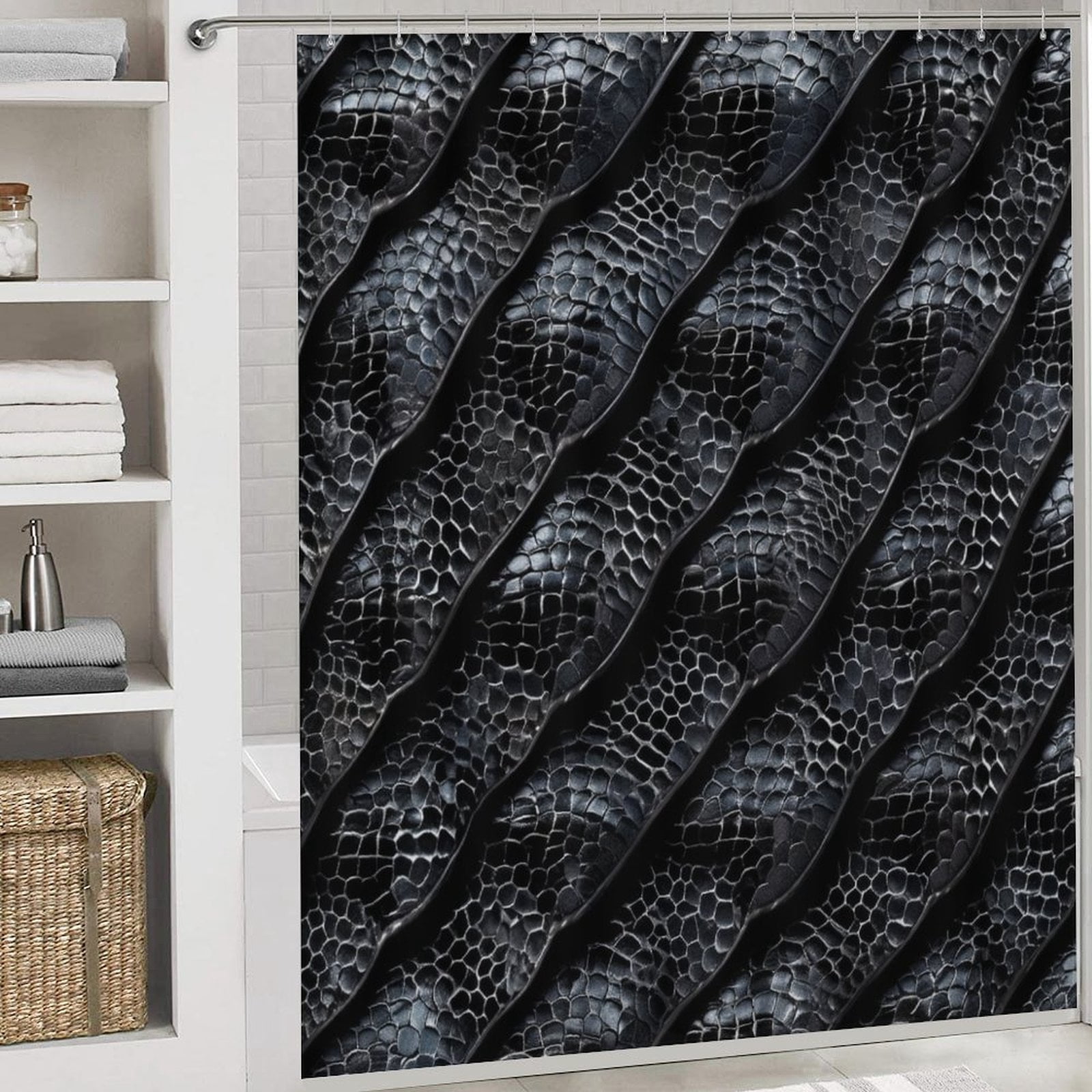 Dark Snakeskin Scale Pattern 4 Pcs Bathroom Shower Curtain Set, Bathroom Sets with Rugs (Bath Mat, U Shape and Toilet Lid Cover Mat) and 12 Hooks,