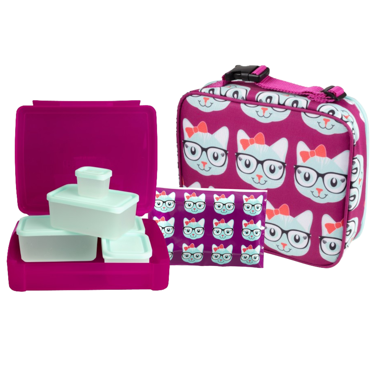 Bentology Lunch Bag and Box Set for Kids - Girls Insulated Lunchbox Tote, Bento Box, 5 Containers and Ice Pack - 9 Pieces - Kitty