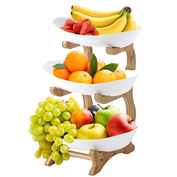 3-Tier Plastic Fruit Bowl with Bamboo Wood Stand for Party, Wedding and Buffet, 4.72 in. L x 8.46 in. W x 13.77 in. H