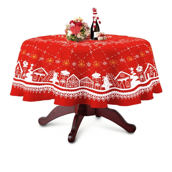 Yilichang Round Christmas Tablecloth, Christmas Table Cloth Round Winter Snowflake Xmas Holiday Tablecloth For Christmas Decor, Waterproof Red Christmas Round Tablecloth For Round Tables 60 X 60