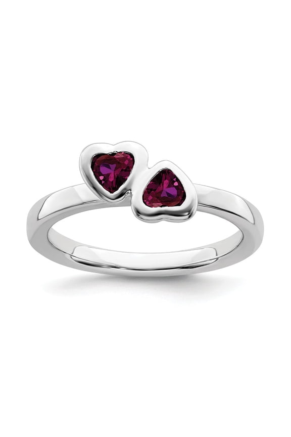 White Sterling Silver Ring Band Themed Rhodolite Garnet Heart Red
