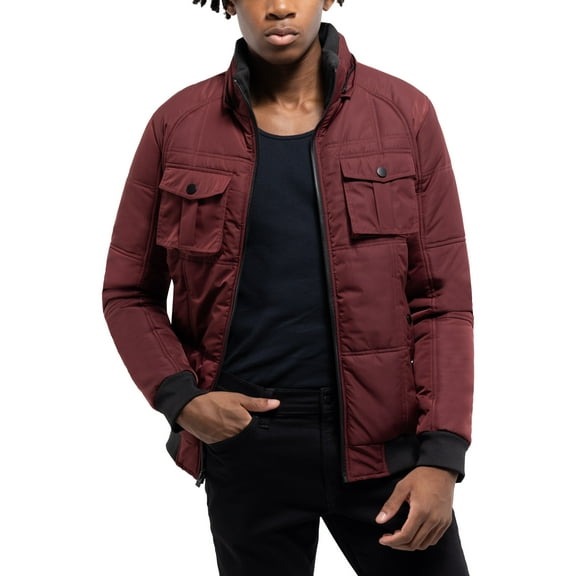X RAY Jeans Hooded Puffer Jacket with Patch Chest Pockets, Burgundy, L