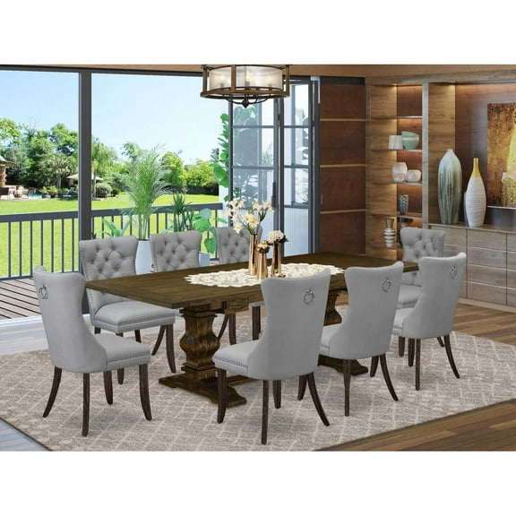 9 Piece Dining Set - Rectangle Table with Leaf & 8 Upholstered Chairs