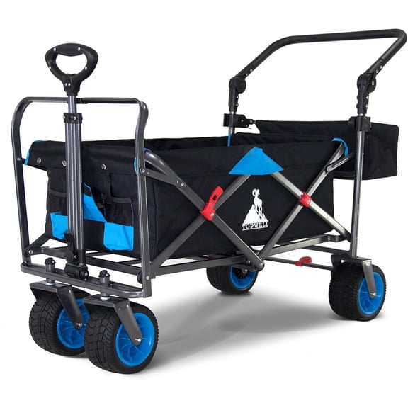 Folding Utility Wagon Heavy-Duty Collapsible Garden Cart with Brakes & Adjustable Handle & All Terrain Wheels for Gardening, Beach Trips,Outdoor Camping, Shopping (Black Blue)