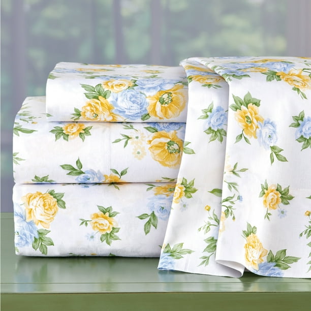 Vintage Blue and Yellow Roses Bed Sheet Set, White ...