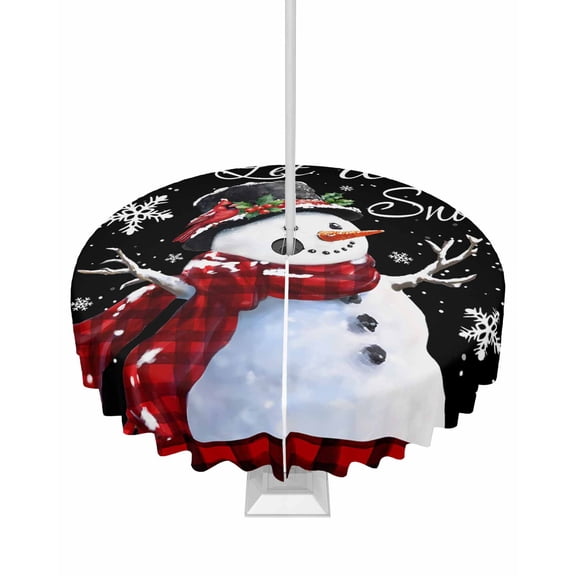 Fsddascl Red Plaid Christmas Outdoor Tablecloth - 60 Inch Round Dining Table Cover, Watercolor Snowman Snowflake Black Waterproof Outdoor Table Cloth with Umbrella Hole & Zipper for Picnic/Patio