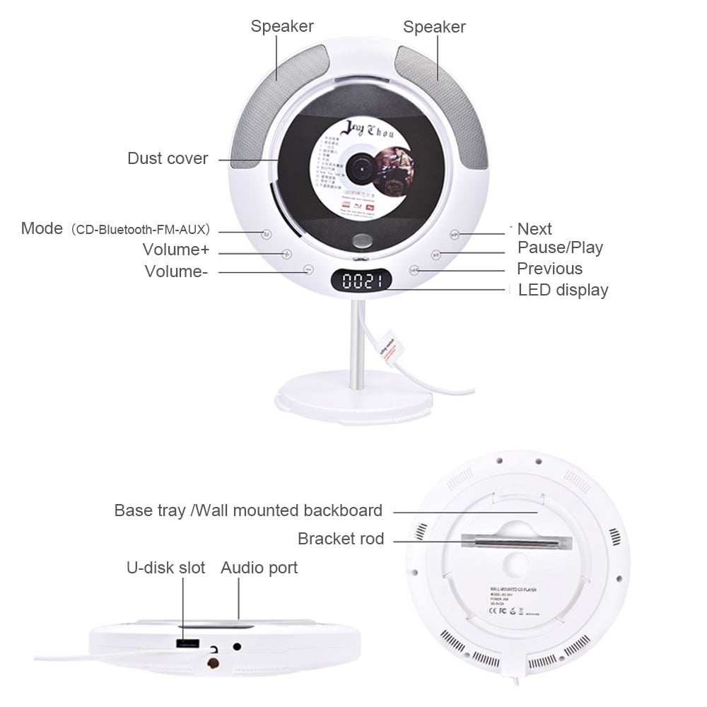 MEGICOT Bluetooth 5.0 Wall Mountable CD Player with Built-in Pull-Switch Speakers, Portable MP3 Music Walkman with Special Stand Dust Cover Remote Control, Support Disc FM USB Flash AUX Play