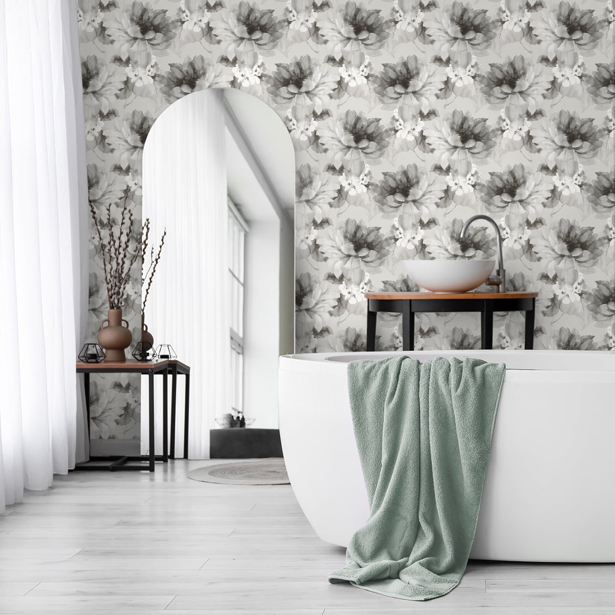 NextWall Harry & Grace Watercolor Floral Peel and Stick Wallpaper 20.5 in. W x 18 ft. L - Ash & Metallic Silver