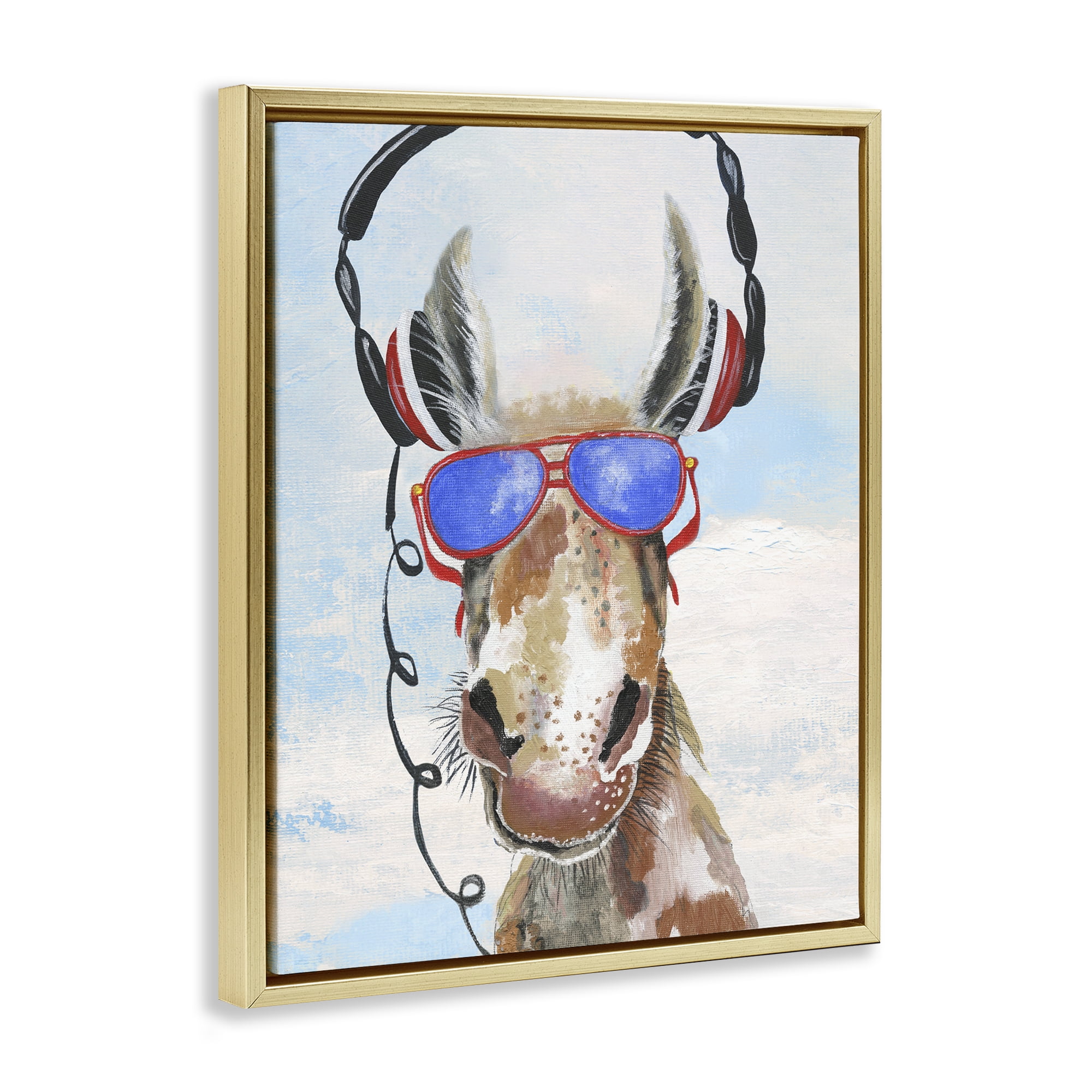 Stupell Industries Donkey Wearing Headphones Gold Framed Floater Canvas Wall Art, design by Janet Tava