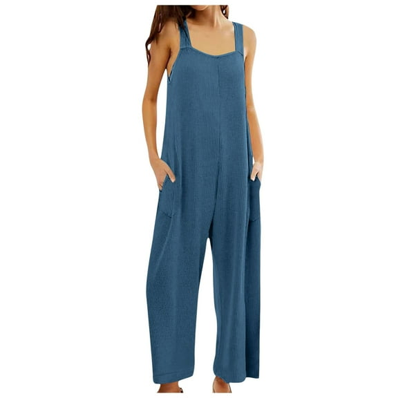 Riforla Jumpsuits for Women Knit Summer Outfits Fashion Casual Overalls Cute Wide Leg Summer Jumpsuits for Women 2024 Blue S