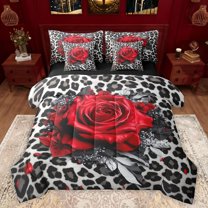 Castle Fairy Flower Red Rose Twin Bedding Sets 7-Piece for Female Men Adults,Chic Floral Blossoms Bedding Comforter Set Microfiber,Abstract Leopard Print Breathable Sheet Sets,Breathable Home Decor