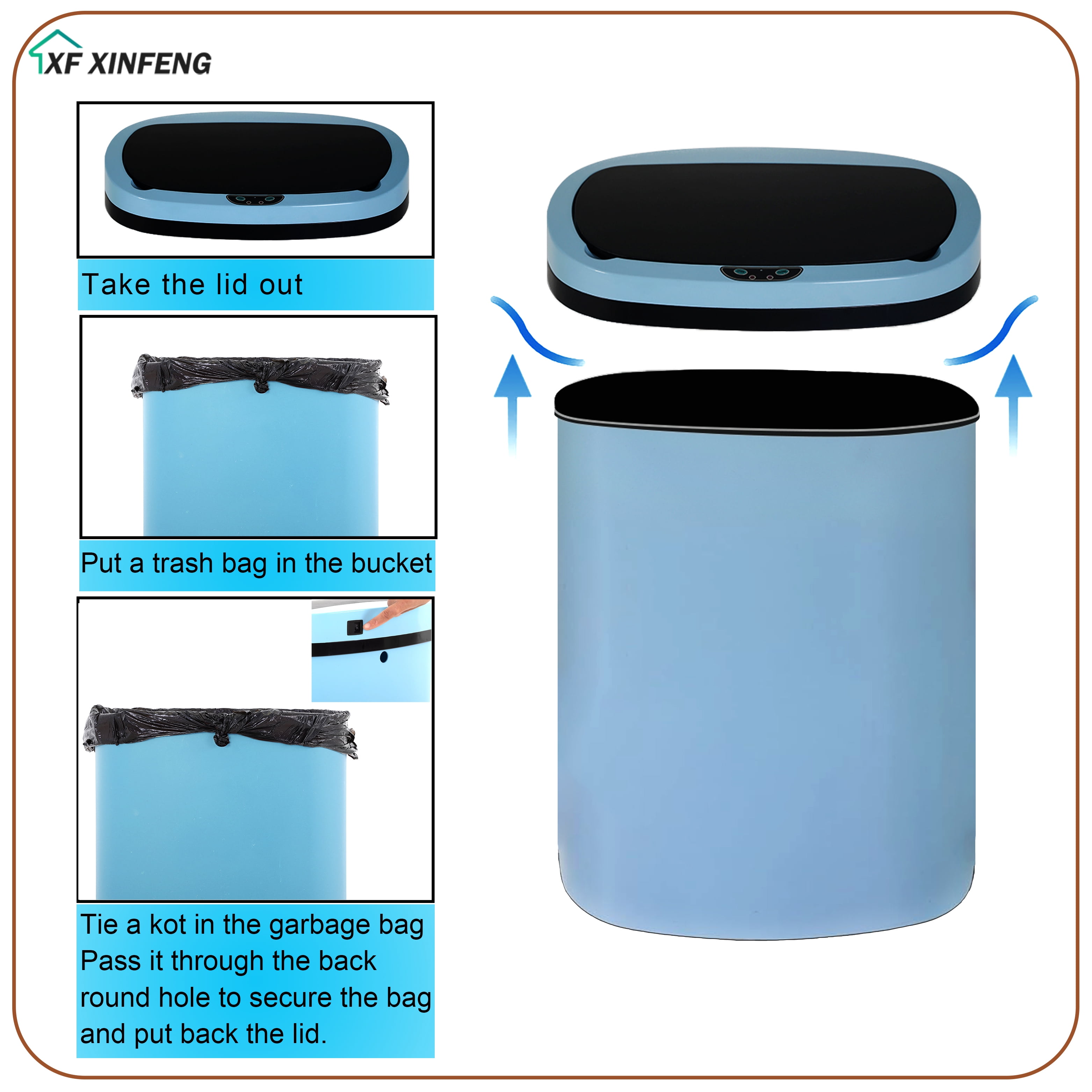 XF XINFENG 13 Gallon 49 Litre Dustbin Kitchen Trash Can with Lid Automatic Sensor Touch Bin,Garbage Can, Waste Bin, For Bathroom/Double Bed/Bedroom/Home/Office, Blue