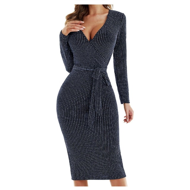 Robe à Manches Longues pour Femmes Aguichant Mode pour Femmes à Lacets Aguichant à Col en V à Manches Longues Robe Mi-Mollet Longue
