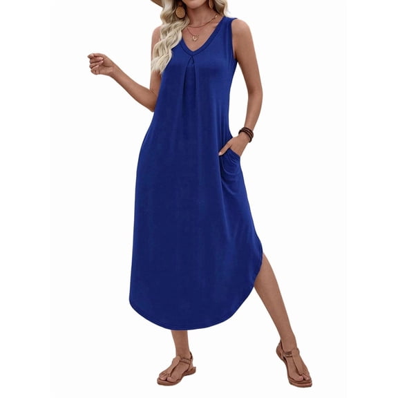 Women'S Summer Casual Loose Sundress Long Dress Sleeveless V Neck Split Tshirt Maxi Dresses Color Blue XL