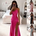 thumbnail image 2 of Quixlent Lady Evening Dress Low-cut V Neck Sleeveless Spaghetti Strap Satin Pleated High Split Solid Color Tight Waist Slim Fit Full Length Summer Prom Party Gown Ball, 2 of 8