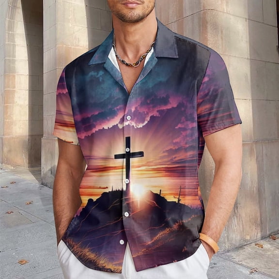 Easter Jesus Cross Print Mens Short Sleeve Button Up Shirt Lightweight Breathable Casual Top for Spring Summer Slim Fit Gold L