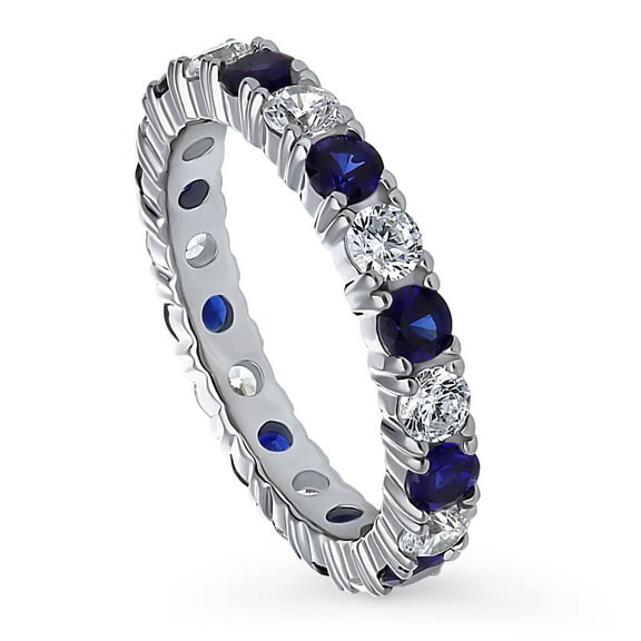BERRICLE Sterling Silver Wedding Rings Simulated Blue Sapphire Round Cut Cubic Zirconia CZ Anniversary Eternity Ring for Women, Rhodium Plated Size 9.5