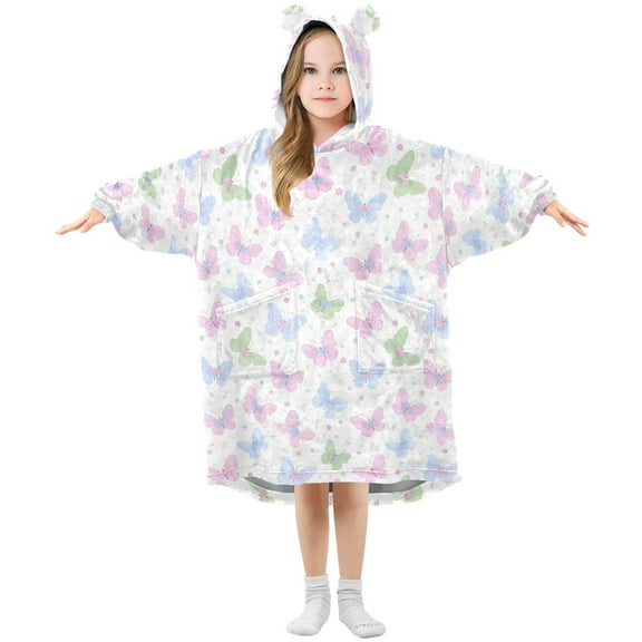 Wearable Blanket Hoodie for Kids Small Butterfly Flannel Hooded Blanket with Pockets and Sleeves Suitable for Boys and Girls