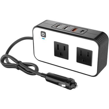 ARCADORA 200W Car Power Inverter DC 12V to AC 110V 2 US Sockets 3 USB 1 Type-C PD20W QC3.0 ABS Compact Travel