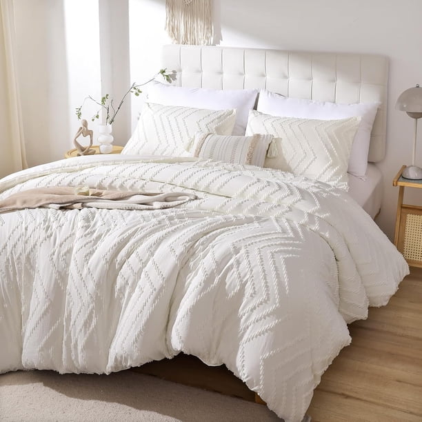 Juego de edredón en color blanco marfil, estilo bohemio y rústico, juego de cama con diseño acolchado vertical, ligero y neutro para dormitorio (1 edredón y 2 fundas de almohada)