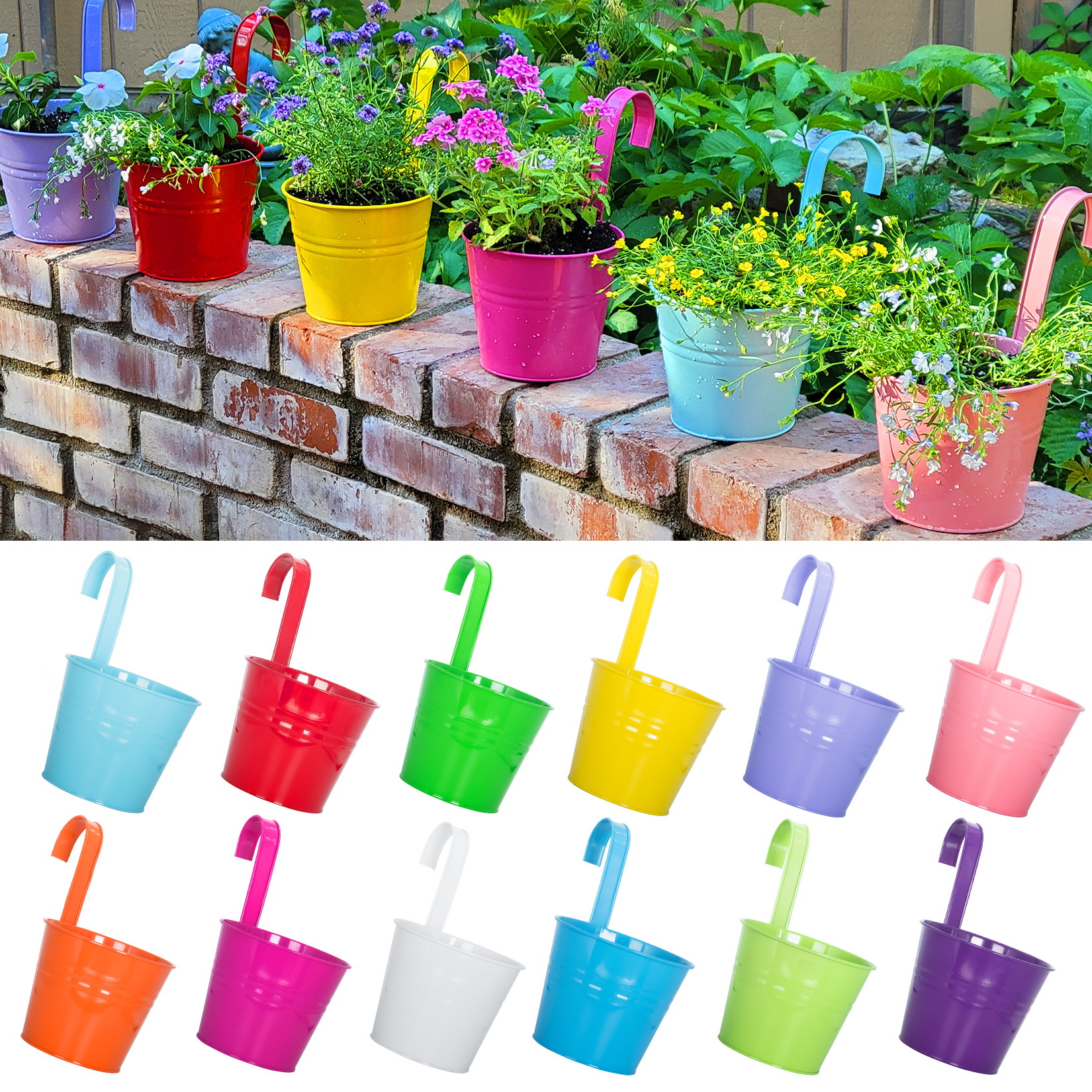 12 Pcs Hanging Flower Pot Vase Bucket Large Metal Garden Planter with