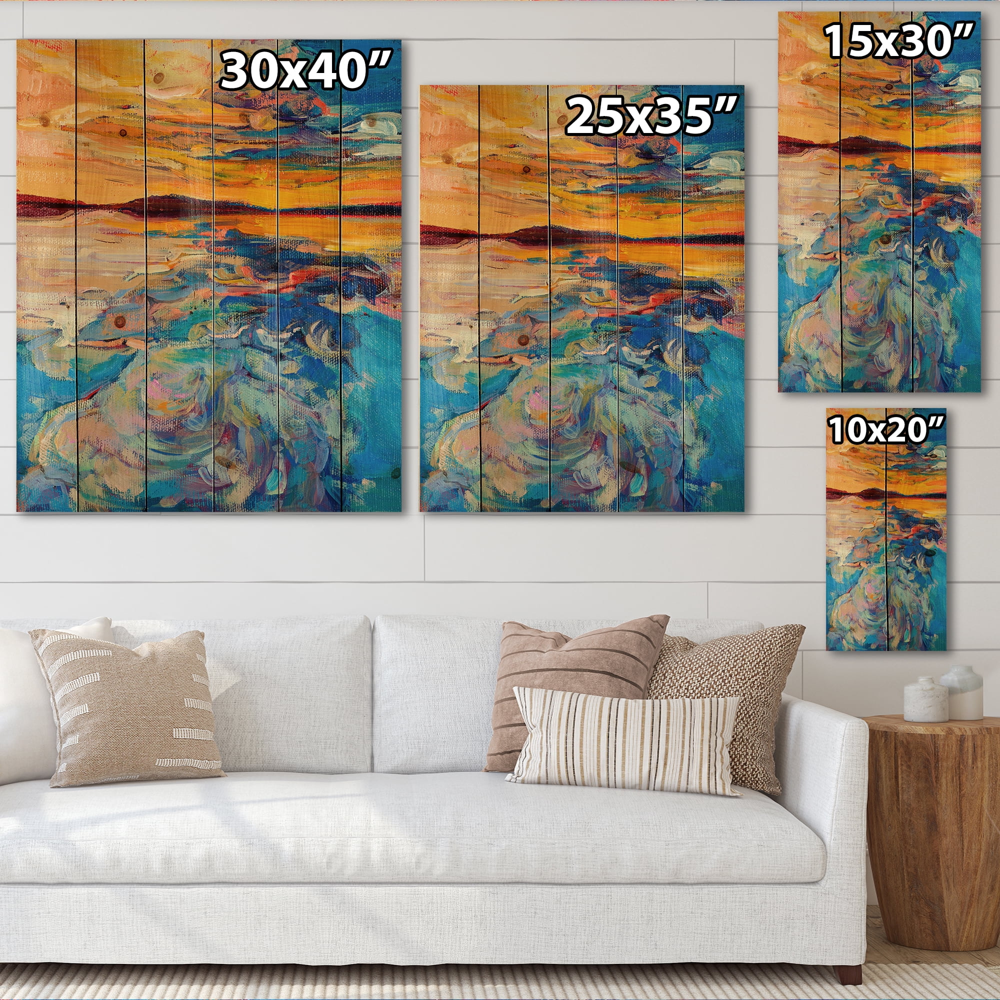 Designart 'Whirly Blue Waves Under Orange Sunset' Nautical & Coastal Print on Natural Pine Wood