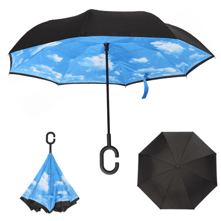 Folding C Handle Windproof Double Layer Umbrella Upside Down Inverted