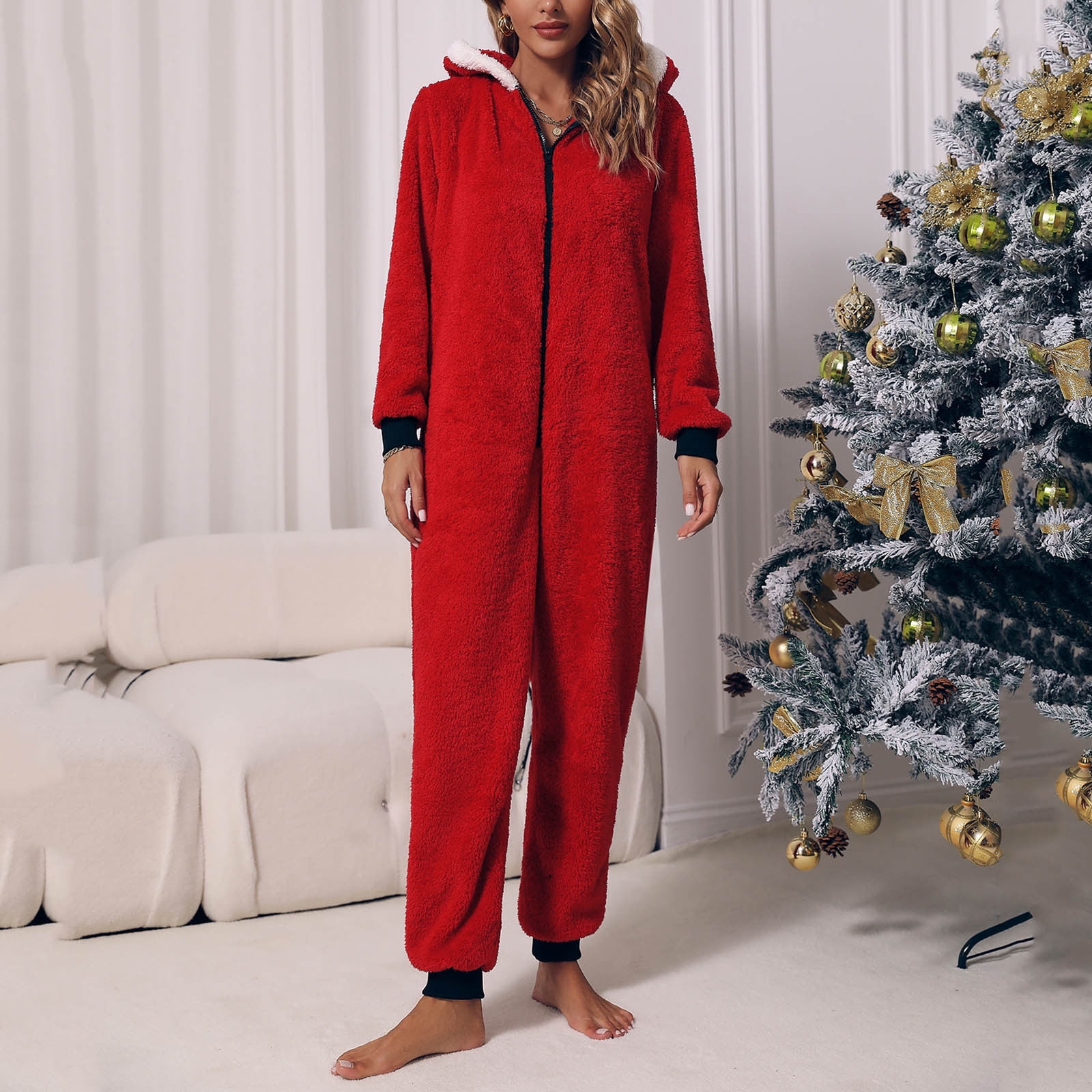 Women Zip up Christmas Onesie Sherpa Lined Hoodie Plush Long Sleeve Pajama One Piece Bodysuits Sleepwear Jumpsuit