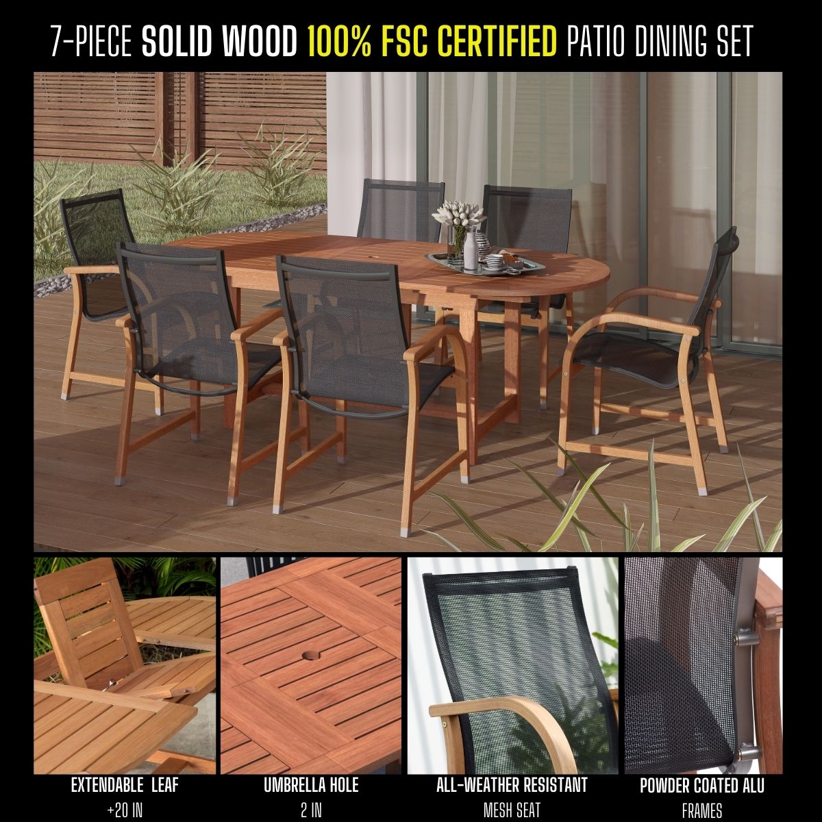 Amazonia Bahamas 7-Piece Extendable Oval Patio Dining Set, Solid Wood 100% FSC Certified - image 2 of 11