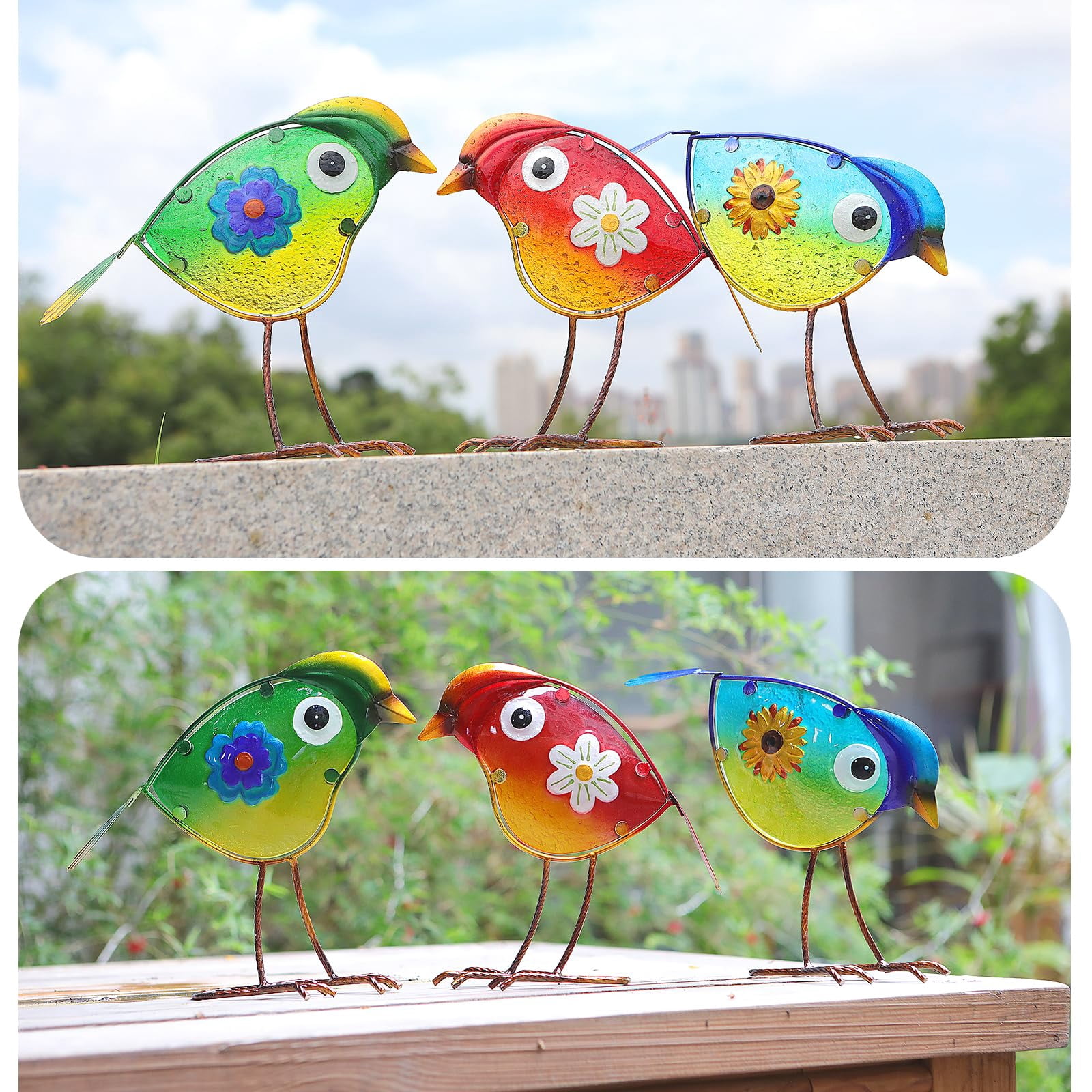 Bird Garden Decor For Outside  Glass & Metal Yard Art Decorations Outdoor Patio Backyard Gift Women Grandma Mom(3 Pack)