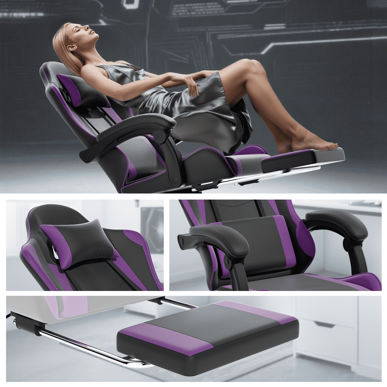 OSM Gaming Chair with Footrest & Headrest, High-Back Ergonomic Computer Desk Chair - Adjustable Lumbar Support, Reclining Office Chair for Adults, 350lbs, Purple